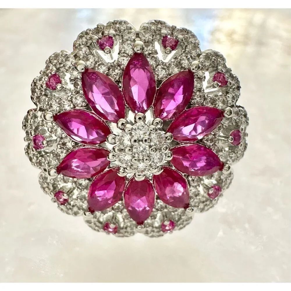 Pink ruby Anastasia flower adjustable cubic zirconia cocktail ring